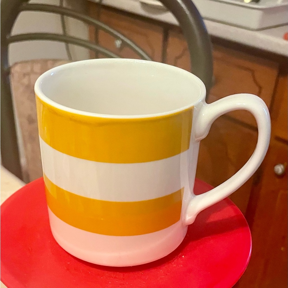 HBC Stripes Yellow and White Striped Mug, 14 ounce size.